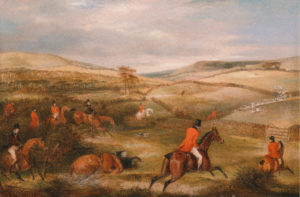 Horse riders in a countryside landscape scene.