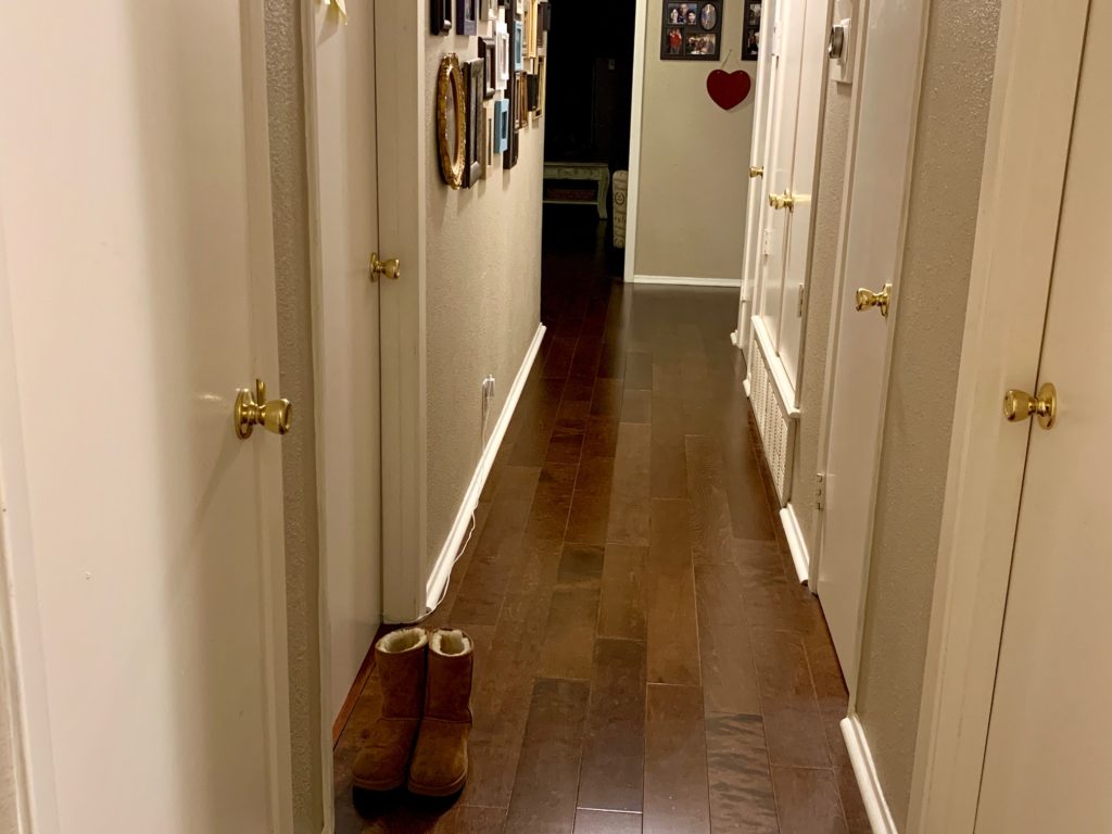 Hallway with boots and wall decorations.