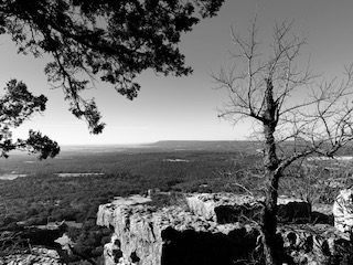 Rocky landscape with trees and distant horizon.