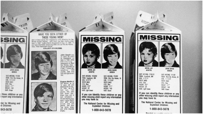 Missing children on milk cartons, black and white.