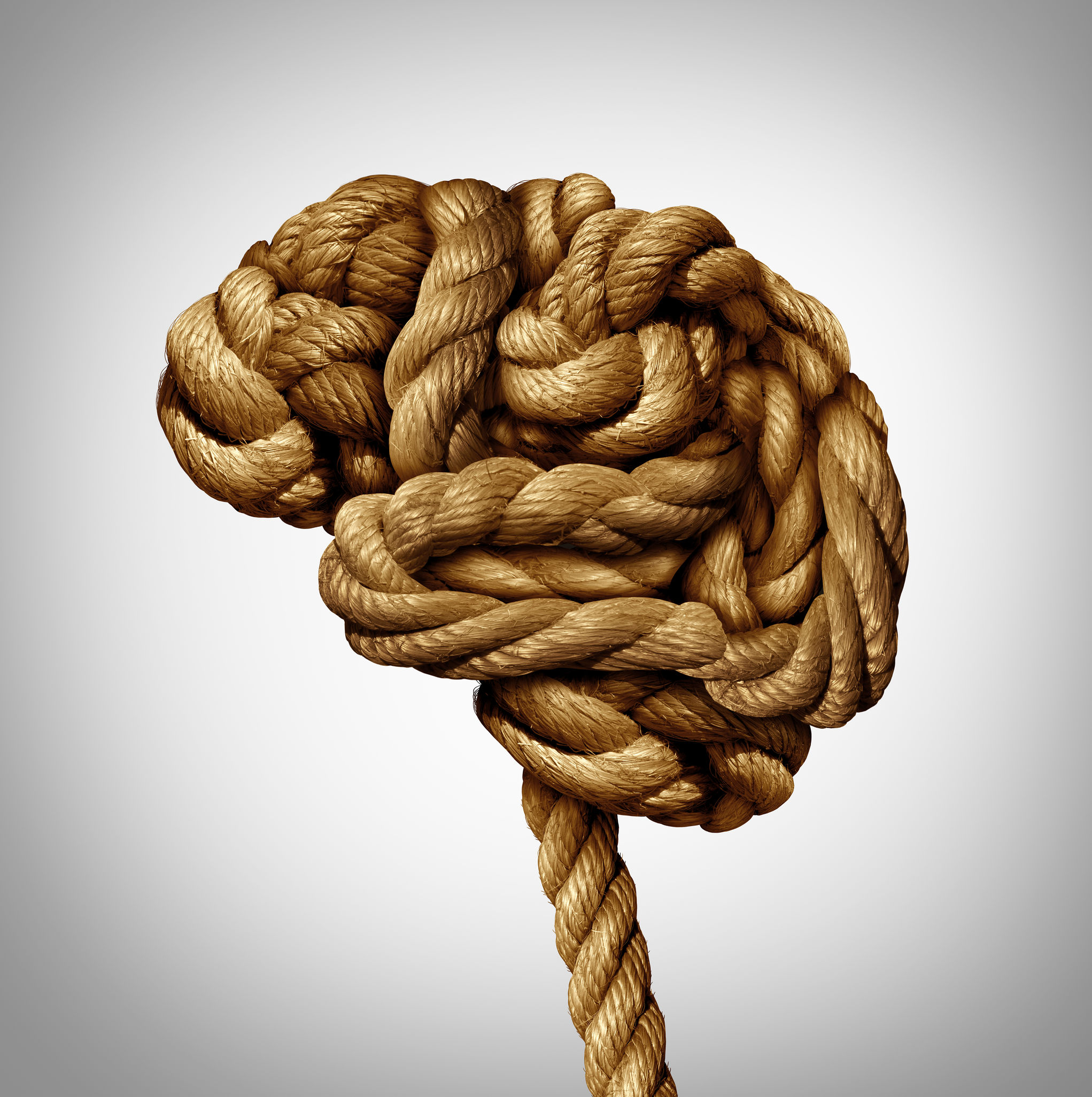 Tangled brain mental health concept as a rope twisted into a human thinking organ as a medical neurological symbol for mind function or diseases as dementia or autism.